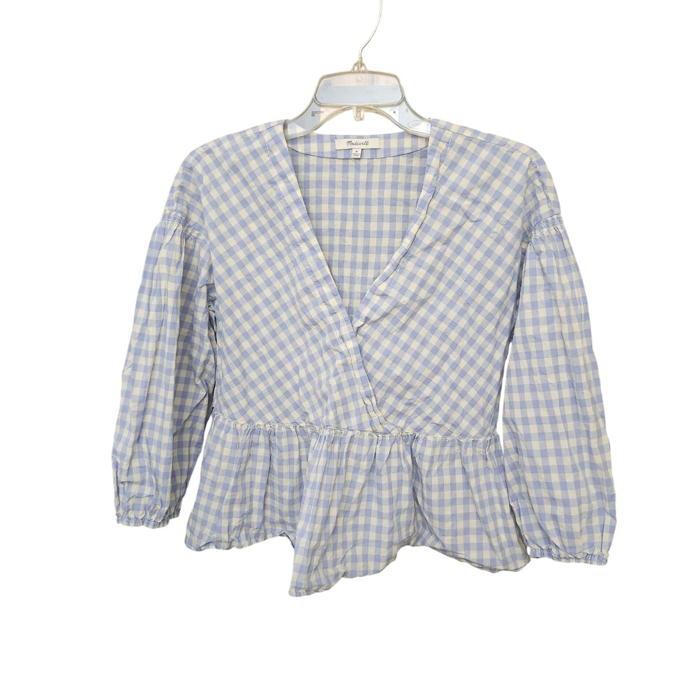 Madewell Blue White Gingham Cotton Wrap Peplum Puff Sleeve Top Sz M Romantic
